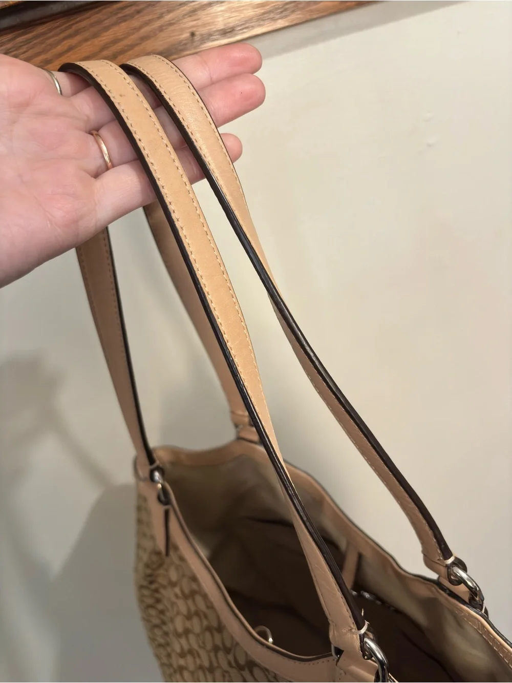 Coach Tan Signature Monogram Canvas Tote Shoulder Bag Navy Yellow Stripes